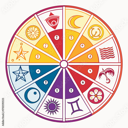 Vector art of astrological wheel featuring symbols and numbers, creating a unique and esoteric design perfect for astrology and numerology enthusiasts