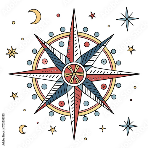 Vector art of colorful compass rose featuring nautical stars and celestial elements in a whimsical style, perfect for travel enthusiasts and those seeking adventure