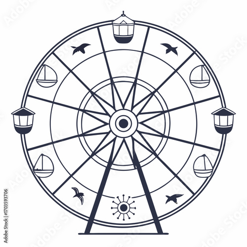 Vector art of ferris wheel illustration carnival ride with cabins, birds, and sun ferris wheel vector design for print and web use amusement park attraction with a vintage style