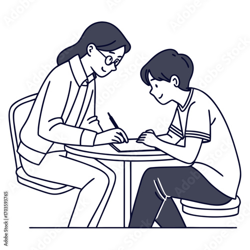 Vector art of a tutor is helping a student with their homework the tutor is sitting at a table with the student, and they are both working on a piece of paper