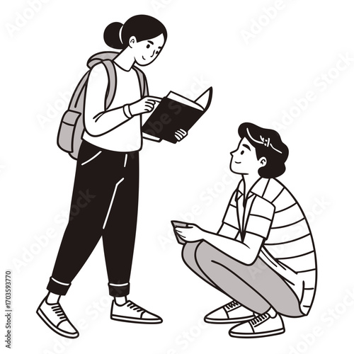 Vector art of a student is reading a book to another student who is sitting on the ground, they are wearing casual clothes and they are smiling and happy to be together