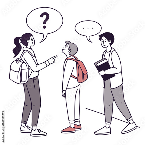 Vector art of three students are talking to each other one student is asking a question, and the other two students are listening they are standing outside