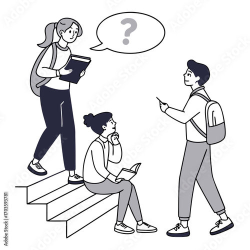 Vector art of three students are on campus one student is asking a question, and the other two students are listening they are standing on stairs