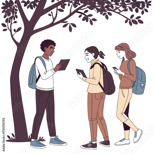 Vector art of three students are standing under a tree, each looking at their own device, such as a tablet or phone, with backpacks on, in a vector illustration