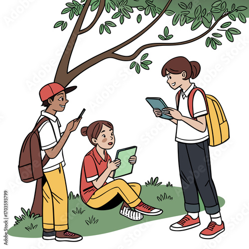Vector art of three students are sitting under a tree, each looking at their own device, such as a tablet or phone, with backpacks on, in a vector illustration