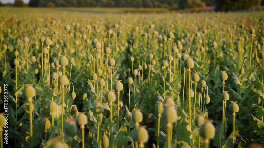 custom made wallpaper toronto digitalField of unripe green poppy seed heads under golden hour sunlight