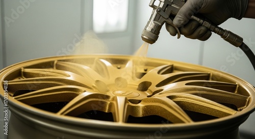 Worker in a glove spray painting a custom car alloy wheel with sparkling gold metallic paint