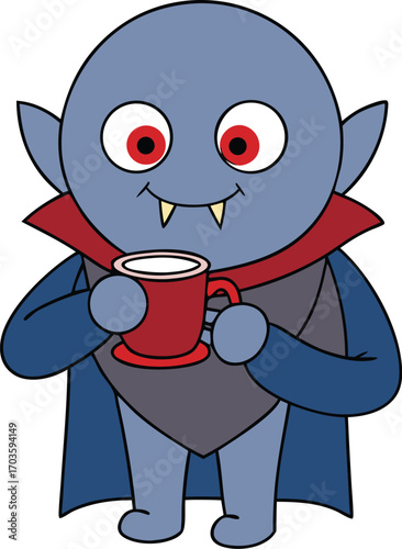 Cute cartoon vampire character enjoying a warm cup of coffee instead of blood in a humorous scene vector