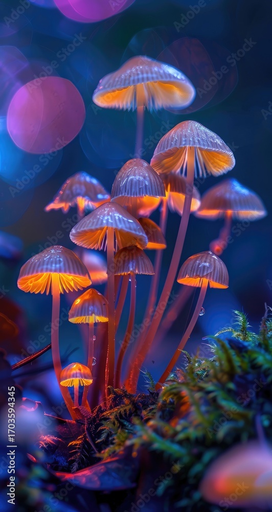 Fototapeta premium Glowing mushrooms cluster on mossy ground, illuminated from below, set against a blurred background of purple and blue bokeh