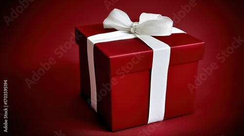 Red gift box with white ribbon and bow, centered product shot on clean background.