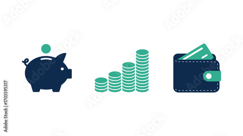Piggy bank coins wallet and growing chart representing finance savings and wealth
