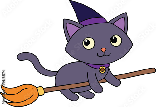 Cute witch cat with confused face riding a broomstick for halloween adventures and magical fun vector