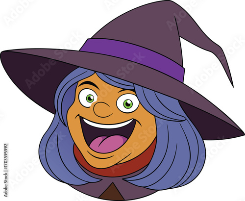 Joyful witch laughing merrily wearing an oversized purple hat fun cartoon character comic humor vector