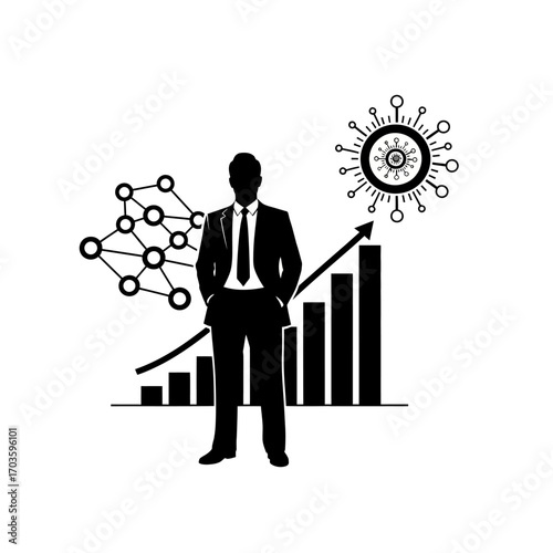 Businessman standing in front of a growth chart and virus icon
