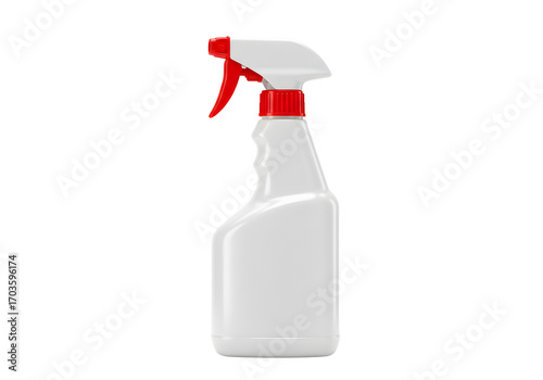 White spray bottle with a red trigger on a white background, perfect for cleaning and household product presentations