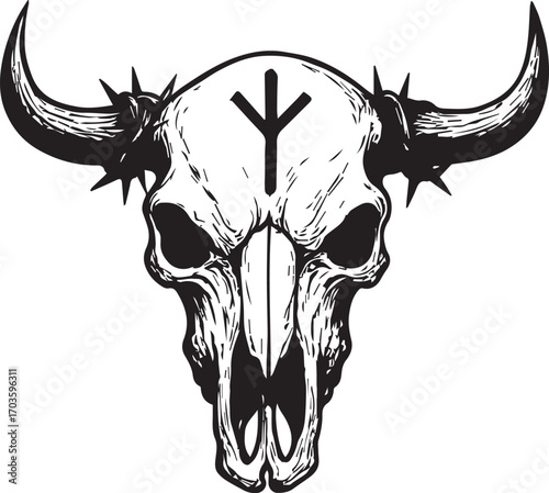 tattoo design of bull skull with horns and rune symbol