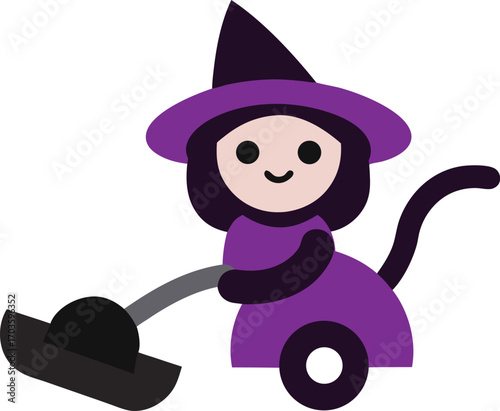 Whimsical witch rides a vacuum cleaner instead of a broomstick for a modern halloween adventure vector