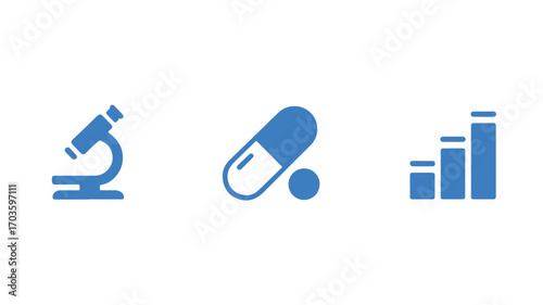 Microscope pill and graph icons representing medical research and analysis
