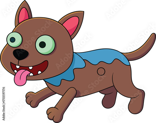 Funny cartoon zombie dog with big eyes chasing a bone with blue scarf around neck vector