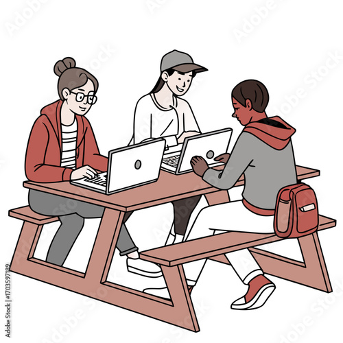 Diverse group of young people collaborating and studying together on laptops at a picnic table outdoors