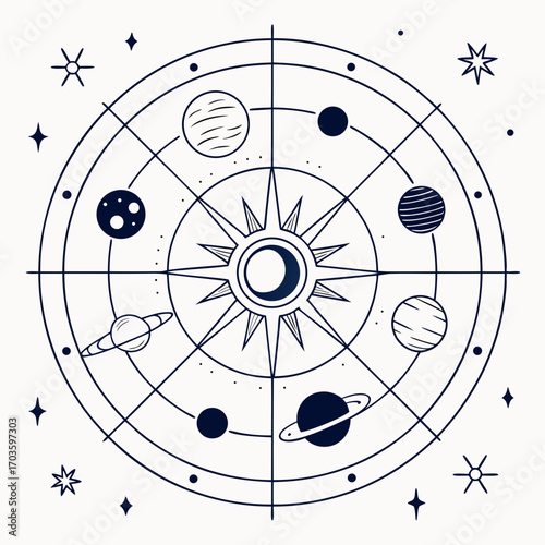 Celestial zodiac wheel with sun moon planets and stars in a cosmic astronomical illustration