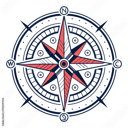 Stylized nautical compass rose with cardinal directions north east south west and intricate design elements