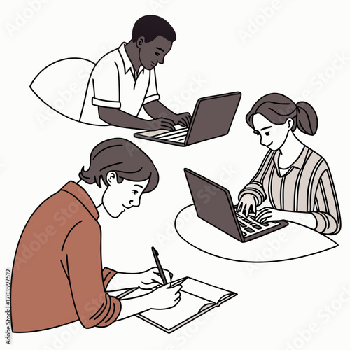 Diverse group of young people focused on their laptops and note taking during a study session or collaborative work