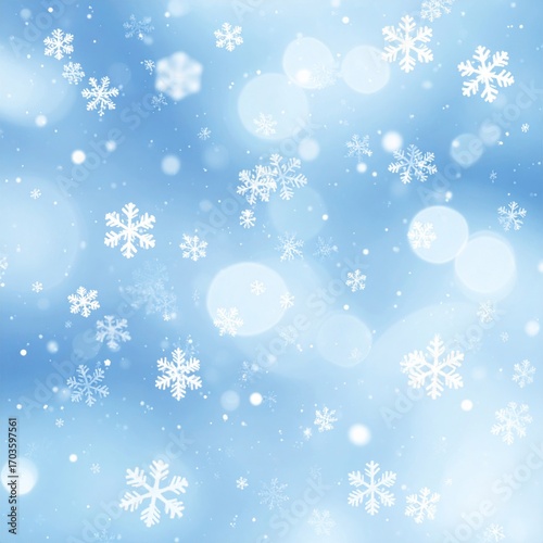 Elegant Soft Blue Background with White Snowflakes and Bokeh Lights Festive Winter Season