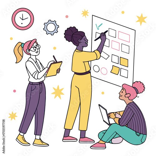 Diverse team of women collaborating on a project using a whiteboard and laptop for planning and strategy