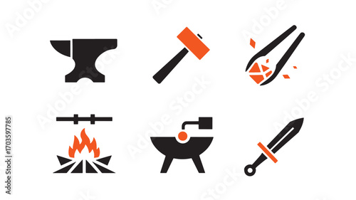 Blacksmithing tools and process icons anvil hammer tongs fire forge and sword