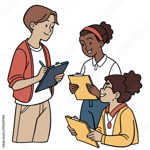 Diverse group of three people collaborating and taking notes on clipboards during a meeting or project discussion