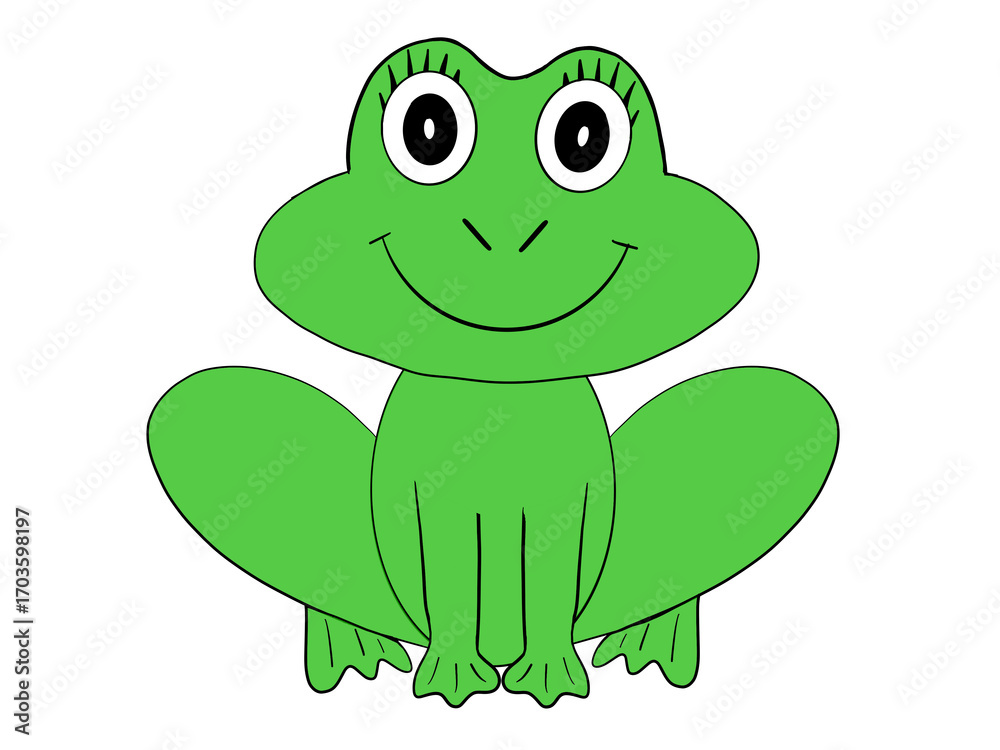 Fototapeta premium Bright green cartoon frog with expressive eyes and cheerful smile seated on its haunches in a playful, artistic style