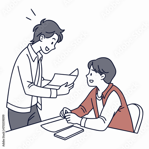 A teacher or mentor enthusiastically presents a document or report to a student sitting at a desk