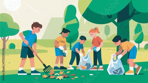 illustration of a group of children doing cleaning activities in the park vector design template