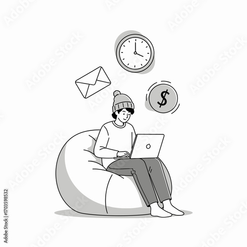 Person working on laptop on bean bag chair