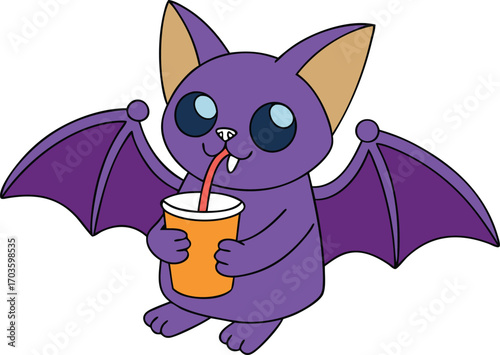 Silly cartoon bat enjoying a refreshing soda drink with a straw in a cute whimsical style vector