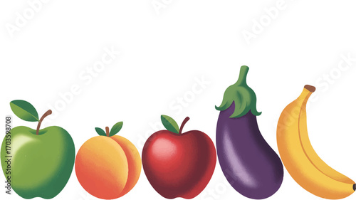 Assortment of Fresh Fruits and Vegetables in a Row on a White Background food produce