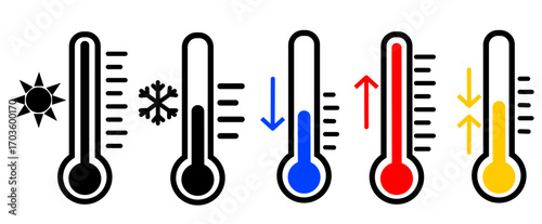 Set of thermometer icon. Hot, cold temperature vector. Thermometer with snowflake and sun symbols. 