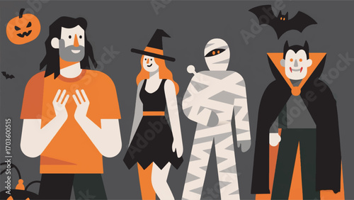 illustration of a group of people having a Halloween party in their costumes vector design template