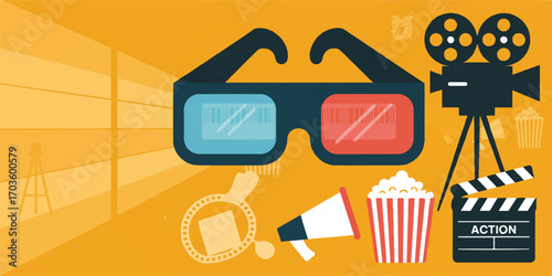 Cinematic Elements Including 3D Glasses Popcorn and Film Camera on Yellow Background movie 3D glasses