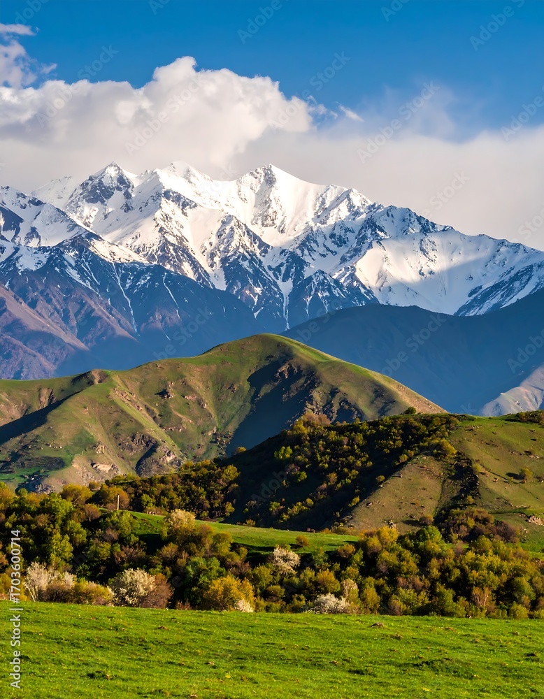 Naklejka premium Mountain landscape with snow-capped peaks