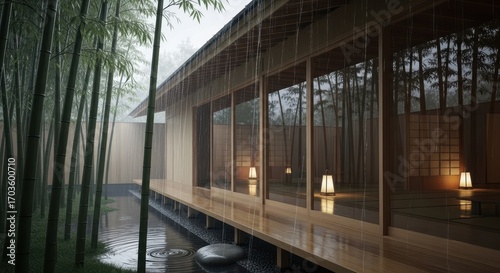 Rain Falling on a Japanese Zen Garden with Bamboo