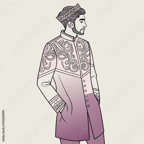 Elegant man in traditional attire with crown