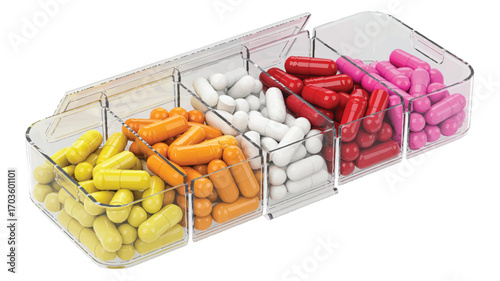 Clear Pill Box Containing Assorted Colored Capsules on White Background medication vitamins