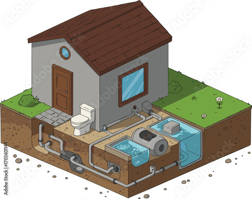 Isometric home sewage system, underground wastewater treatment, septic tank plumbing, residential sanitation, eco-friendly water recycling, vector illustration for infrastructure design
