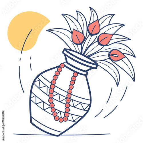 Kalash with leaves, beads, and sun illustration