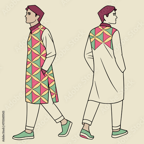 Man wearing a colorful kurta with geometric patterns