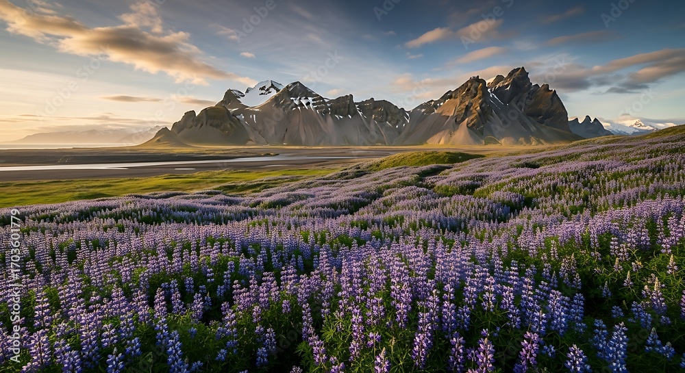 Obraz premium Icelandic Lupine Field with Mountain Range at Sunset.