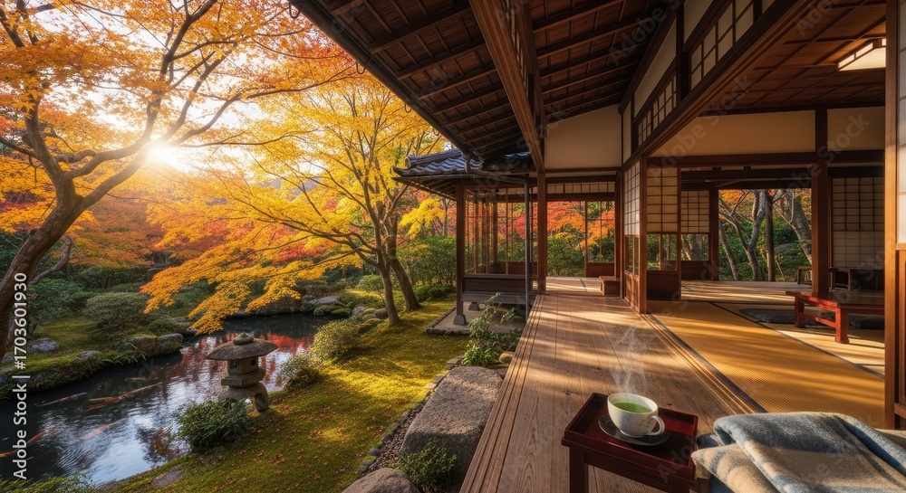Fototapeta premium Serene Japanese Garden View with Tea and Autumn Colors