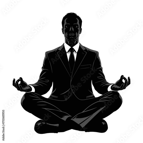 Silhouette of a businessman meditating in a lotus position